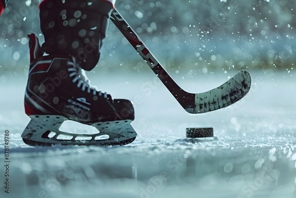 Fototapeta Close-up of a hockey player’s stick and puck on the ice, capturing the intensity of the game