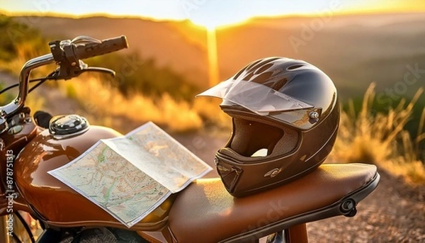 Fototapeta Prepared for the Open Road: Motorcycle Adventure with Essential Gear and Map. Generative AI