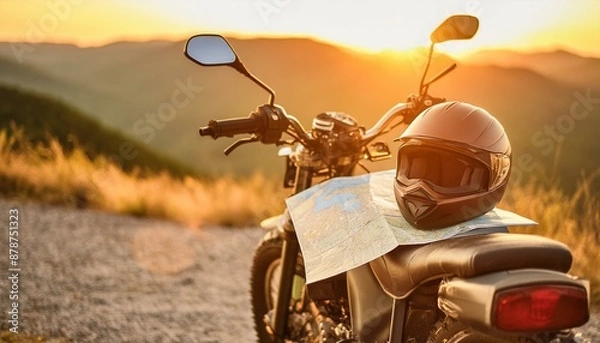 Fototapeta Prepared for the Open Road: Motorcycle Adventure with Essential Gear and Map. Generative AI