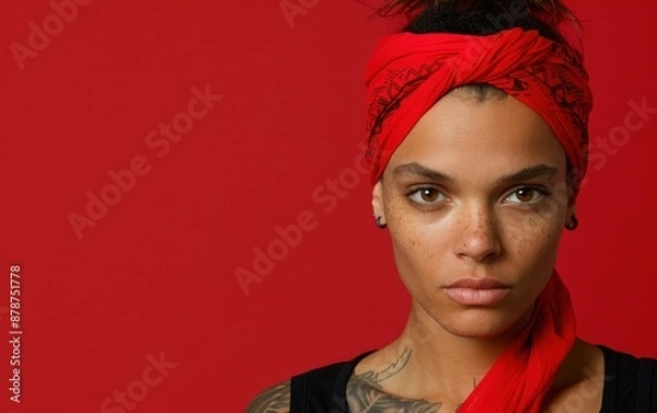 Fototapeta A woman with a red bandana on her head. She has a tattoo on her arm and a nose piercing