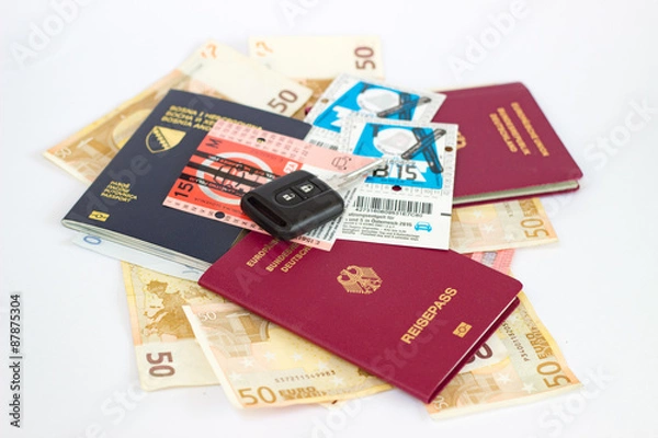Obraz Reisepässe mit Autoschlüssel und Vignetten