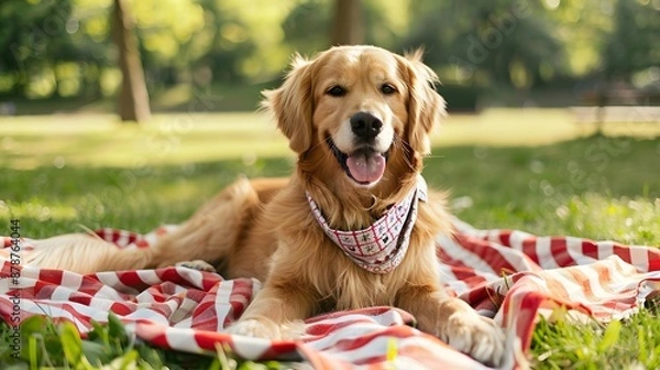 Obraz Cute Golden Retriever dog with bandana on picnic blanket grass park background. Picnic leisure lifestyle concept