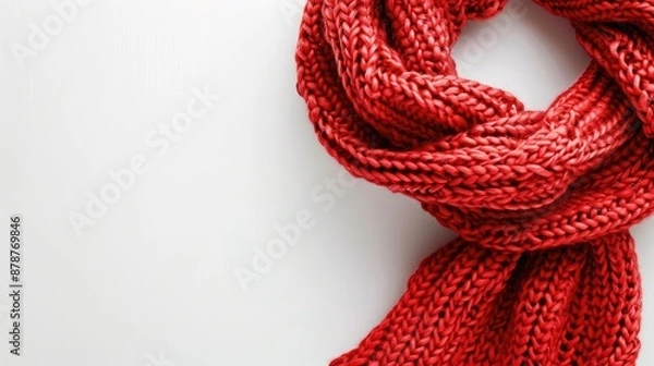 Fototapeta Handcrafted woolen neckwear tiny red knitted scarf on white backdrop Close up shot with blank area