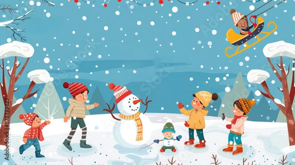Fototapeta Vibrant New Year 2025 card depicting a playful winter landscape and children in winter attire. 2025 holidays card