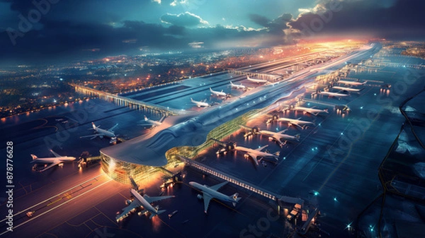 Obraz The mesmerizing sunset at the international airport terminal illuminates the bustling scene of planes and runways, signifying the hub of global transit and travel under the evening light