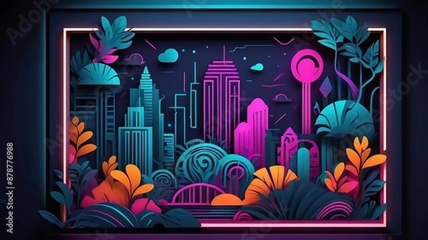 Fototapeta Neon frame style papercut abstract background, attractive purple color, curve, futuristic, poster, purple, horizontal, geometric, frame, origami, copy space, shape, paper, illustration, layered