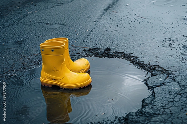 Obraz Yellow rubber boots stand in puddles