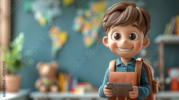Fototapeta Smiling Boy Holding Tablet In Classroom