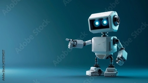 Obraz Cute mini robot with glowing blue eyes pointing at copy space on a dark blue background, futuristic and friendly design