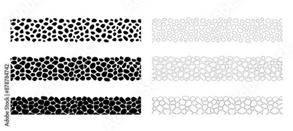 Fototapeta Stones seamless borders vector set. Black and white paving seamless patterns. Smooth pebble template background. Doodle cobblestones and cute rounded outlines shapes for interior and science design
