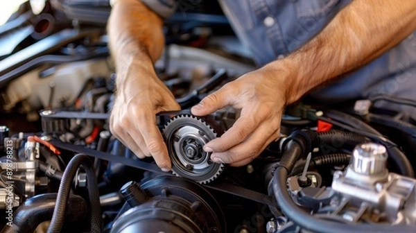 Fototapeta Mechanic's hands adjusting an engine belt in a car, showcasing precision and expertise in automotive repair.