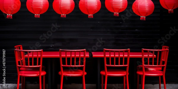 Obraz Red chairs around a table, festive lanterns.