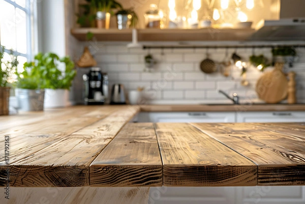 Obraz Rustic wooden kitchen countertop, warm tones.
