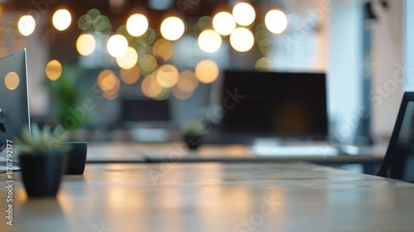 Fototapeta Empty wooden desk in modern office with blurry background of computers and lights
