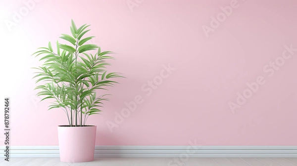 Fototapeta Pink room with a potted plant. Simple, minimalist design.

