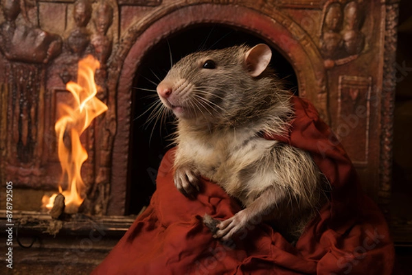 Fototapeta Rat draped in red, by a fire, regal pose.
