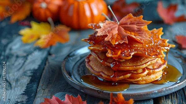 Fototapeta Stack of pumpkin pancakes drizzled with maple syrup.

