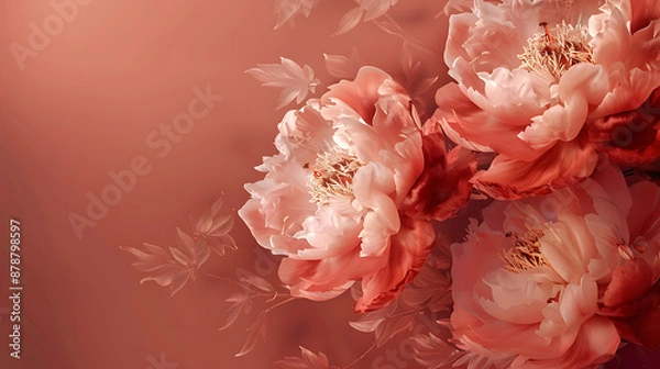 Fototapeta Pink and red peonies on a soft red background, a delicate floral design for spring and summer projects. 
