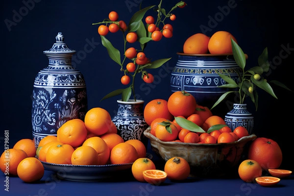 Fototapeta Blue, orange, and green still life with oranges in a bowl, a vase, and a jar,  evoking a classic, elegant, and refreshing mood for a holiday or special event. 