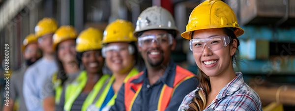 Fototapeta Smiling diverse construction workers in yellow hard hats, blue and red plaid shirts, and safety glasses, showcasing teamwork and safety in a factory setting. 
