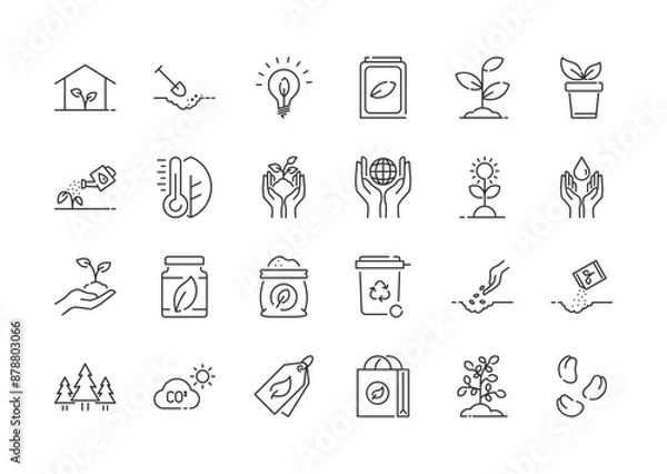 Fototapeta Set of thin line vector icons related to Ecology and Environment. Nature, Plants, Greening and Renewable Energy linear icons. Eco-friendly icons and outline vector sign collection. editable strokes.
