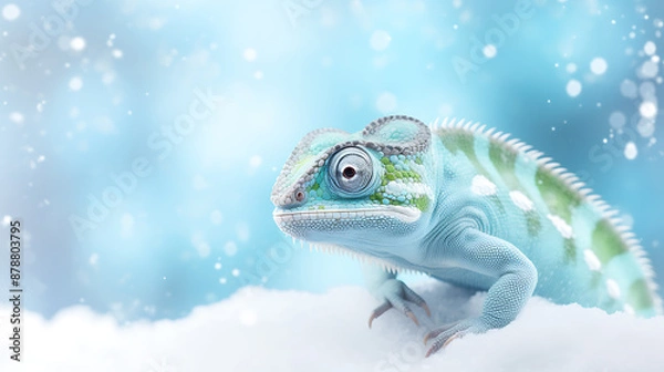 Fototapeta Blue chameleon on white snow with a blue and white bokeh background, winter wonderland, fantasy, magic. 
