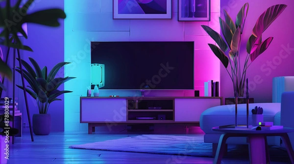 Fototapeta Modern living room with blue and pink neon lights, a large TV, and plants, perfect for a relaxing evening at home. 
