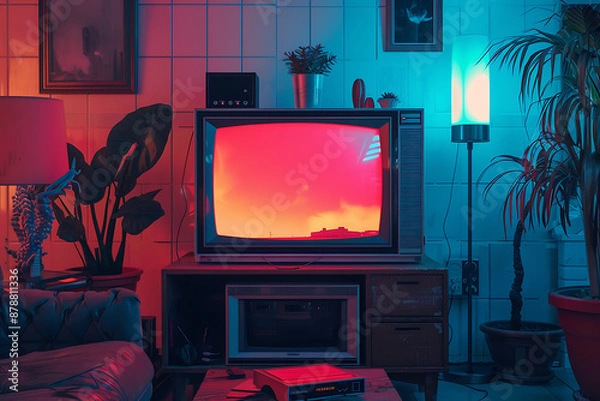 Fototapeta Retro TV, red, blue, and brown, vintage aesthetic, nostalgic 80s vibe,  evoking a sense of nostalgia and a bygone era. 
