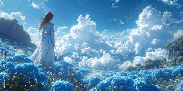 Fototapeta 青い紫陽花と空と白い雲