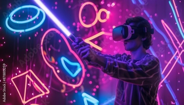 Fototapeta Man with VR glasses fencing neon swords with music blocks. Skilled person playing a game with sword and entering metaverse with neon city background blurring.