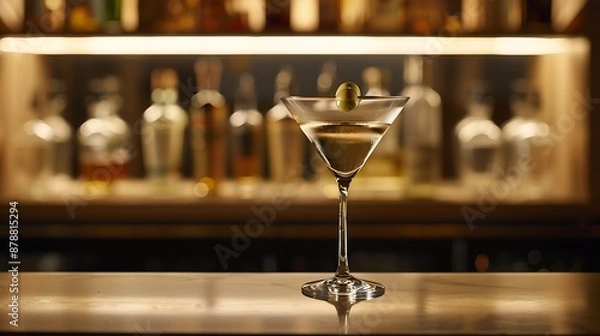 Obraz A classic martini with an olive on a sleek bar counter