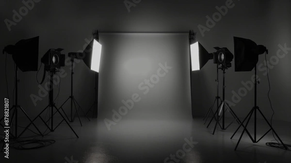Fototapeta Grey photo background and professional lighting equipment in studio. Space for text