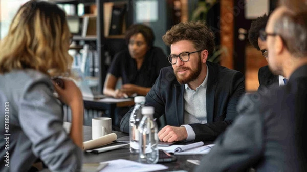 Fototapeta Group of professionals having a discussion during a business meeting in a modern office setting.