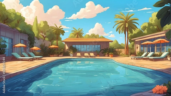 Fototapeta Luxurious backyard pool with palms and chairs