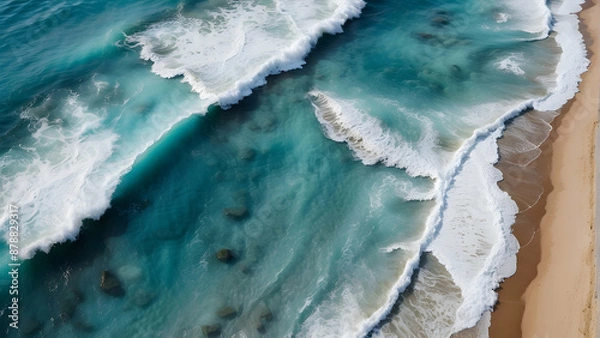 Fototapeta Tropical beach wave patterns from the sky