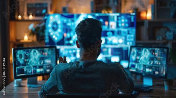 Fototapeta A person sitting in front of multiple computer screens, immersed in data and technology in a modern workspace.