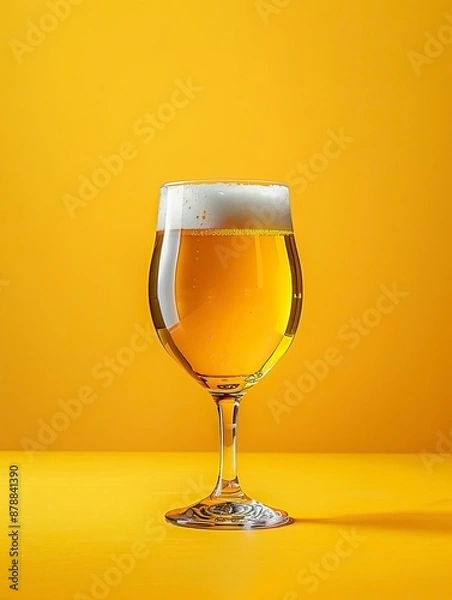 Fototapeta Glass with lager beer in front of yellow background. Studio shot - generative ai