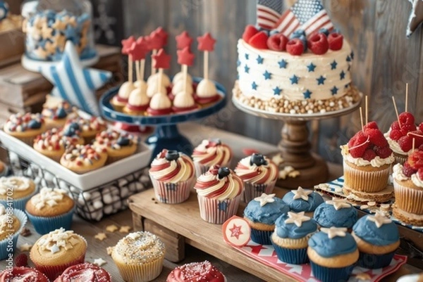 Fototapeta patriotic-themed dessert table with cupcakes, cookies, and a decorated cake in red, white, and blue