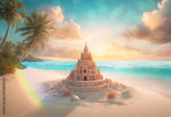 Obraz A sandcastle by itself on a tropical sunset beach with palm trees, rainbow, and bokeh effects