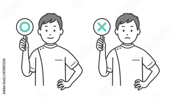 Fototapeta まるとばつの札を持ち腰に手を当てる男性看護師の上半身イラスト