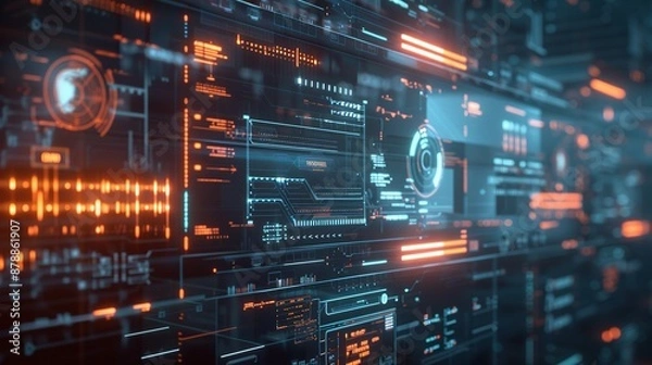 Fototapeta Advanced Cybersecurity Interface: Dynamic Network Visualization with Copy Space