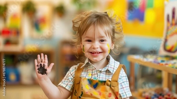 Fototapeta A happy toddler with a paint-smeared apron, smiling while showing a painted handprint in an art class.