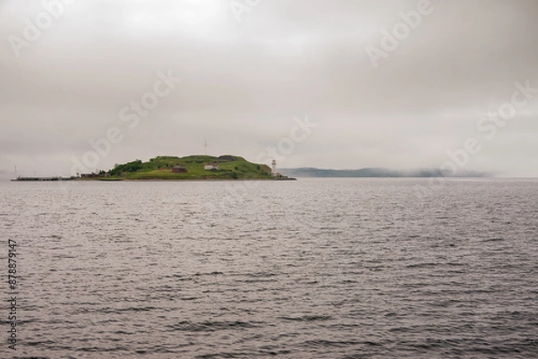 Fototapeta Georges Island Lighthouse in Overcast Weather with Copy-Space
