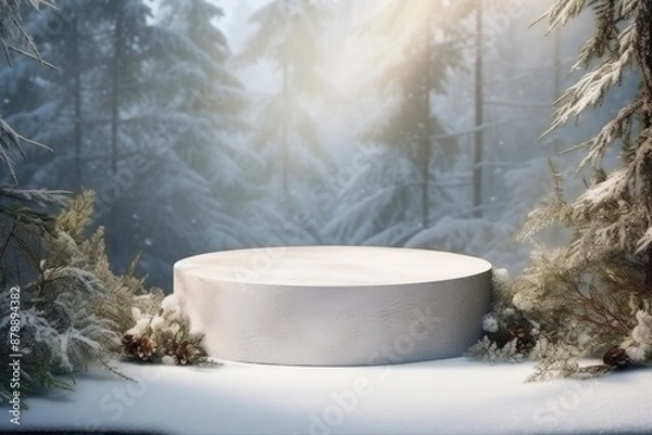 Fototapeta Podium Stage Snow-covered Christmas tree surround.