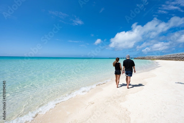 Obraz ビーチを散歩するカップル