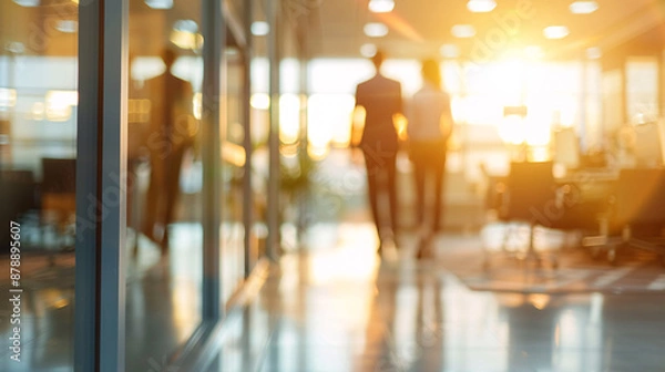 Fototapeta Busy Workplace with People Working in Office, Out-of-Focus Background