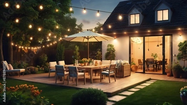 Fototapeta Summer evening on the patio of beautiful suburban house with lights in the garden