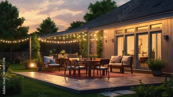 Fototapeta Summer evening on the patio of beautiful suburban house with lights in the garden