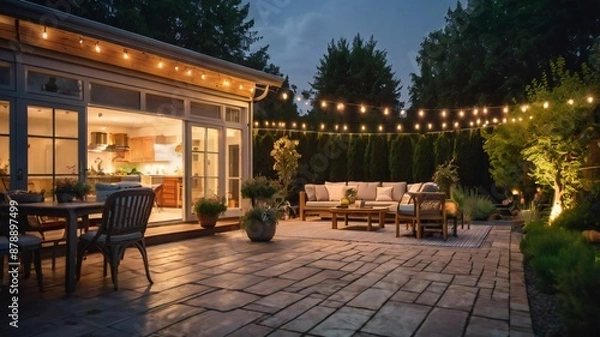 Fototapeta Summer evening on the patio of beautiful suburban house with lights in the garden