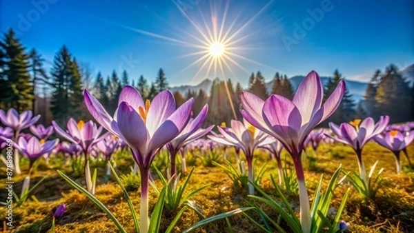 Fototapeta A Field Of Crocus Flowers In Bloom With A Bright Sun Shining Overhead.